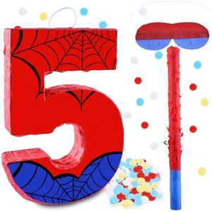 16 Inch Number 5 Spider Pinata with 16 Inch Piñata Stick Blindfold Confetti for Boy Girl Kids 5th Birthday Party Decorations (5th)