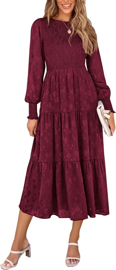 PRETTYGARDEN Women's Fall Spring Midi Dress Long Sleeve Floral Smocked Elegant Wedding Guest Long Flowy Dresses with Pockets (X-Large, Wine Red)