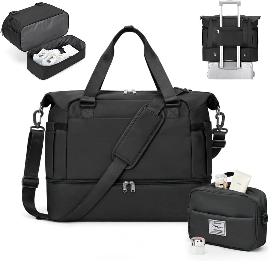 Weekender Bags for Women, Travel Duffel Bag with Shoe Compartment & Wet Pocket, Carry On Personal Item Overnight Tote Duffle Bag for Airlines - Black