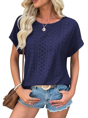 ATHMILE Summer Womens Tunic Tops Short Sleeve Dressy Blouses Loose Fit Tunic with Curved Hem Crewneck Beach Vacation Clothes Navy Blue small
