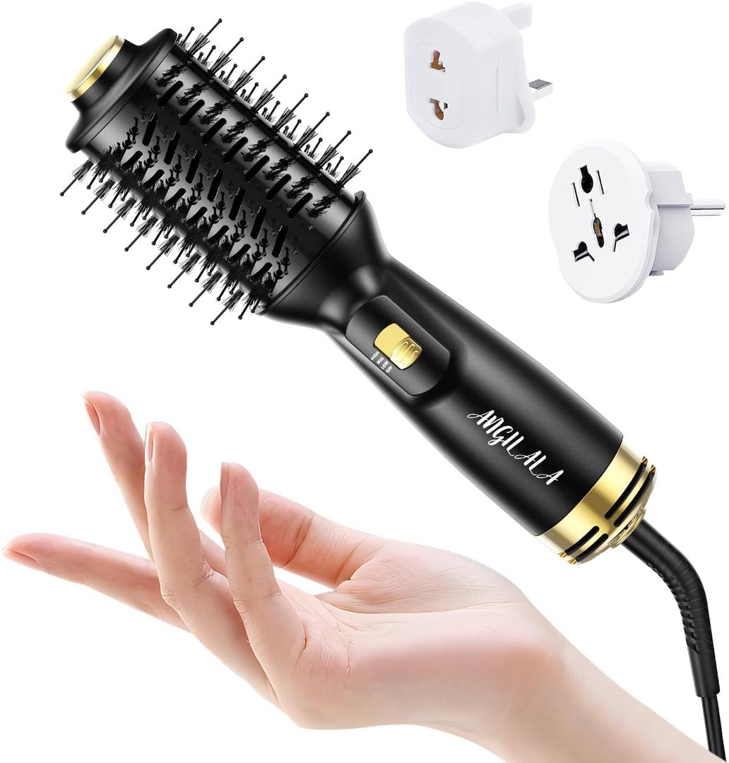 Dual Voltage(100~250V) Mini Hair Dryer Brush with European Plug Adapter for International Travel, Europe Travel Essentials for Women (Black)