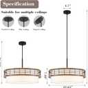 22" Large Drum Chandelier, Black and Wood Texture Pendant Light, 5-Light Farmhouse Kitchen Chandelier for Dining Room Foyer Entryway Bedroom