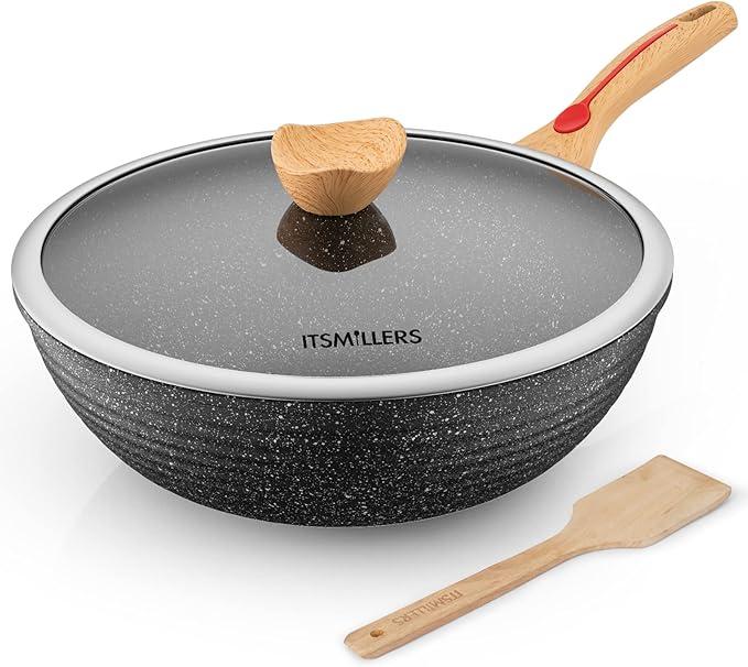ITSMILLERS Nonstick Wok Aluminium Die-casting Chinese Wok, Scratch Resistant With Lid and Spatula, PFOA-Free, Dishwasher Safe & Induction Bottom,12.5 Inch,6L,Large Capacity