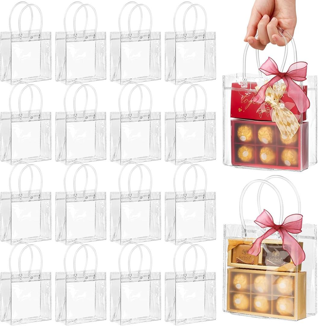 Jutieuo 30 PCS Clear Gift Bags with Handles, 5.9 x 6.3 x 2.8 Inches Reusable Plastic Goodie Bag Transparent Party Favor Bags Bulk for Weddings Birthdays Events, Classrooms & Celebrations