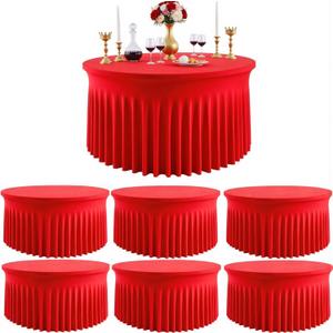 Outpain 6 Pack Spandex Red Round Tablecloths for 60in Tables, 120Inch Stretchy Fitted 5FT Round Table Clothes,Wrinkle Free Table Cover with Skirt for Wedding Party Dining Banquet