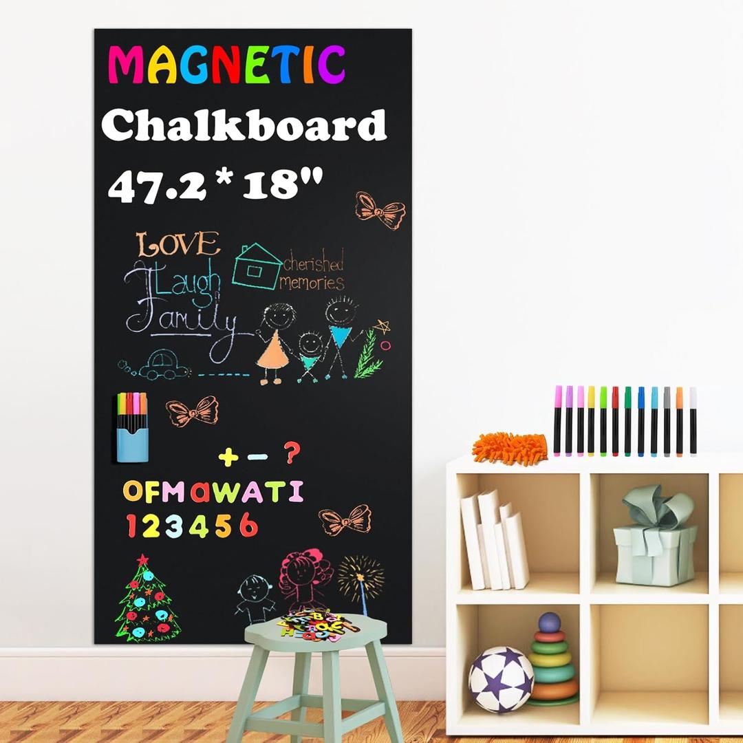 Magnetic Chalkboard Contact Paper for Wall, 47.2" x 18" Self-Adhesive Magnet Wall Sheet with 79 Magnetic Letters for Kids and 12 Colors of Chalk, Black Chalk Board Wallpaper Roll