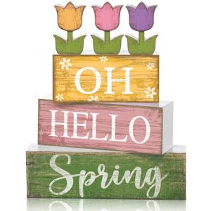 Moucuny 9 Pcs Hello Spring Decoration Wooden Tulip Tiered Tray Decor Spring Centerpieces for Table Double Side Flower Wooden Block Signs for Farmhouse Home Kitchen Shelf Mantel Display