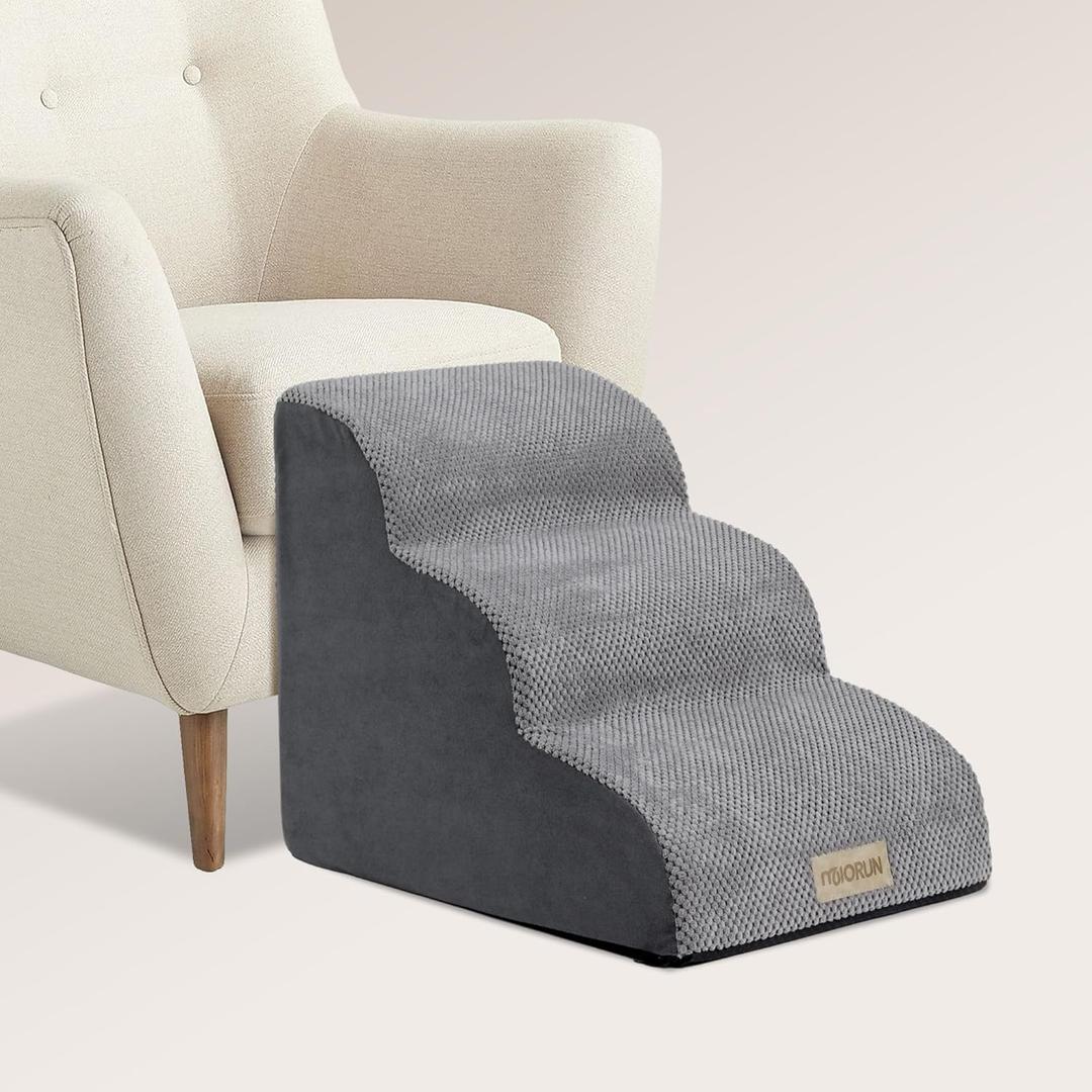 Dog & Cat Stairs for Beds and Couches  3-Step Foam Ramp with Non-Slip Bottom, Machine-Washable Cover, Gentle Slope Design up to 17'', Ideal for Puppies, Senior Pets, Dark Grey