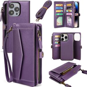 for iPhone 15 Pro Max Wallet Case for Women, Support Wireless Charging with RFID Blocking Card Holder, PU Leather Zipper Wallet Detachable Magnetic Phone Case with Crossbody Strap, Purple