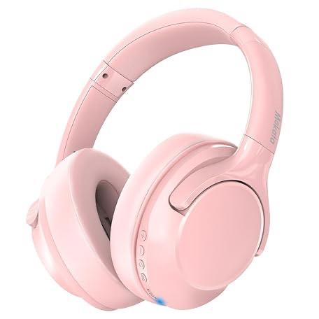 Mokata Bluetooth 5.3 Headphones Over Ear 68H Playtime 6 EQ Wireless Headset with Microphone HiFi Stereo Foldable Lightweight Deep Bass for Travel Home Office Cellphone, Pink