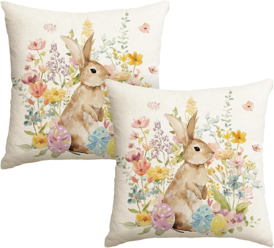AVOIN colorlife Easter Eggs Bunny Throw Pillow Covers, 18 x 18 Inch Flowers Bowknot Cushion Case Decoration for Sofa Couch Set of 2 (White)