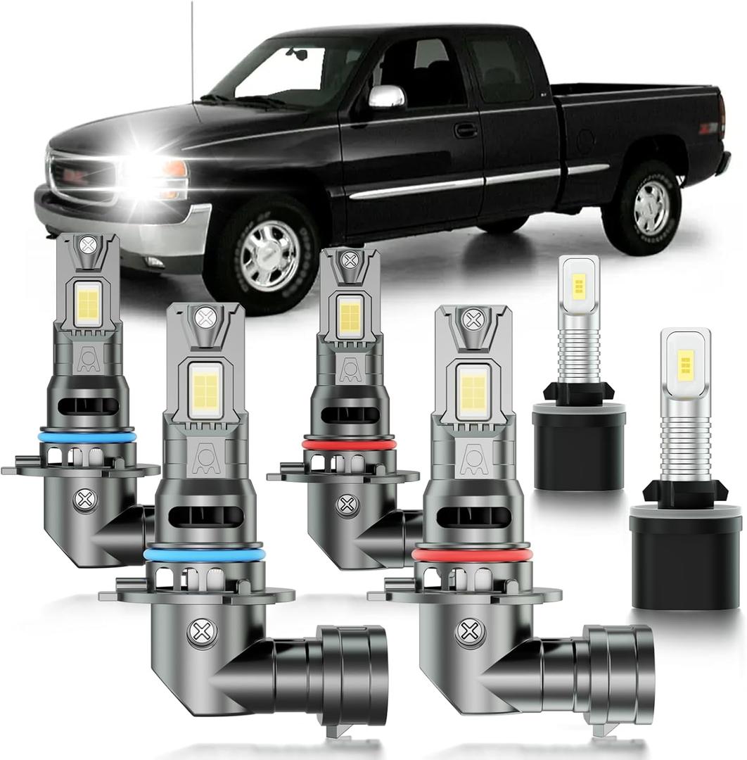 for GMC Sierra 1500 1999-2002 Fog Lights Bulbs Combo, 6pcs Super Bright White High Low Multi Beam and Fog Lights Blubs Package, 1:1 Size as Stock Bulbs, Plug and Play