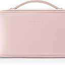 Vlando Makeup Bag,Large Capacity Toiletry Bag for Women Waterproof Portable Make up Pouch PU Leather Open Flat Cosmetic Bag(Peach Pink)