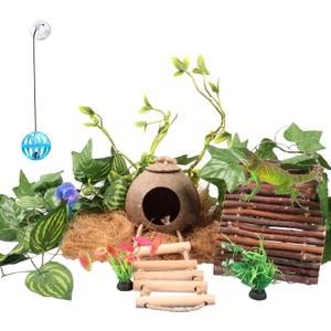 Crested Gecko Tank AccessoriesReptile Vines Plants with Coconut Shell Ladder Hideout Hermit Crab Decor for Bearded Dragon Lizard Chameleon Tortoise Snake