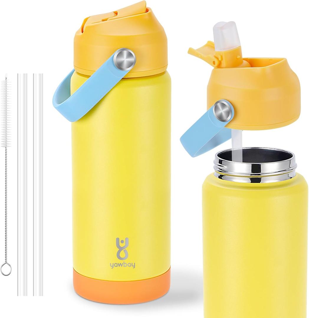 18oz Kids Insulated Water Bottle with Straw Lid & Silicone Handle,Kids Leak Proof Water Bottle for School Boys Girls,Double Wall Vacuum Stainless Steel with Non-slip Silicone Base(Yellow)