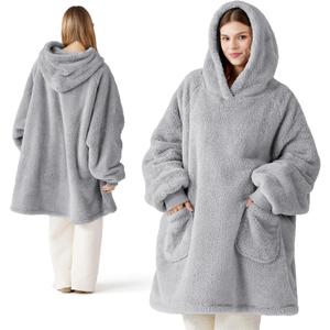 Bedsure Wearable Blanket Hoodies, Christmas Gifts for Women, Wife, Girlfriend, Warm Cozy Birthday Gifts for Her, Wife, Soft Fluffy Sweatshirt, Oversized Hooded Blankets With Sleeves, Grey