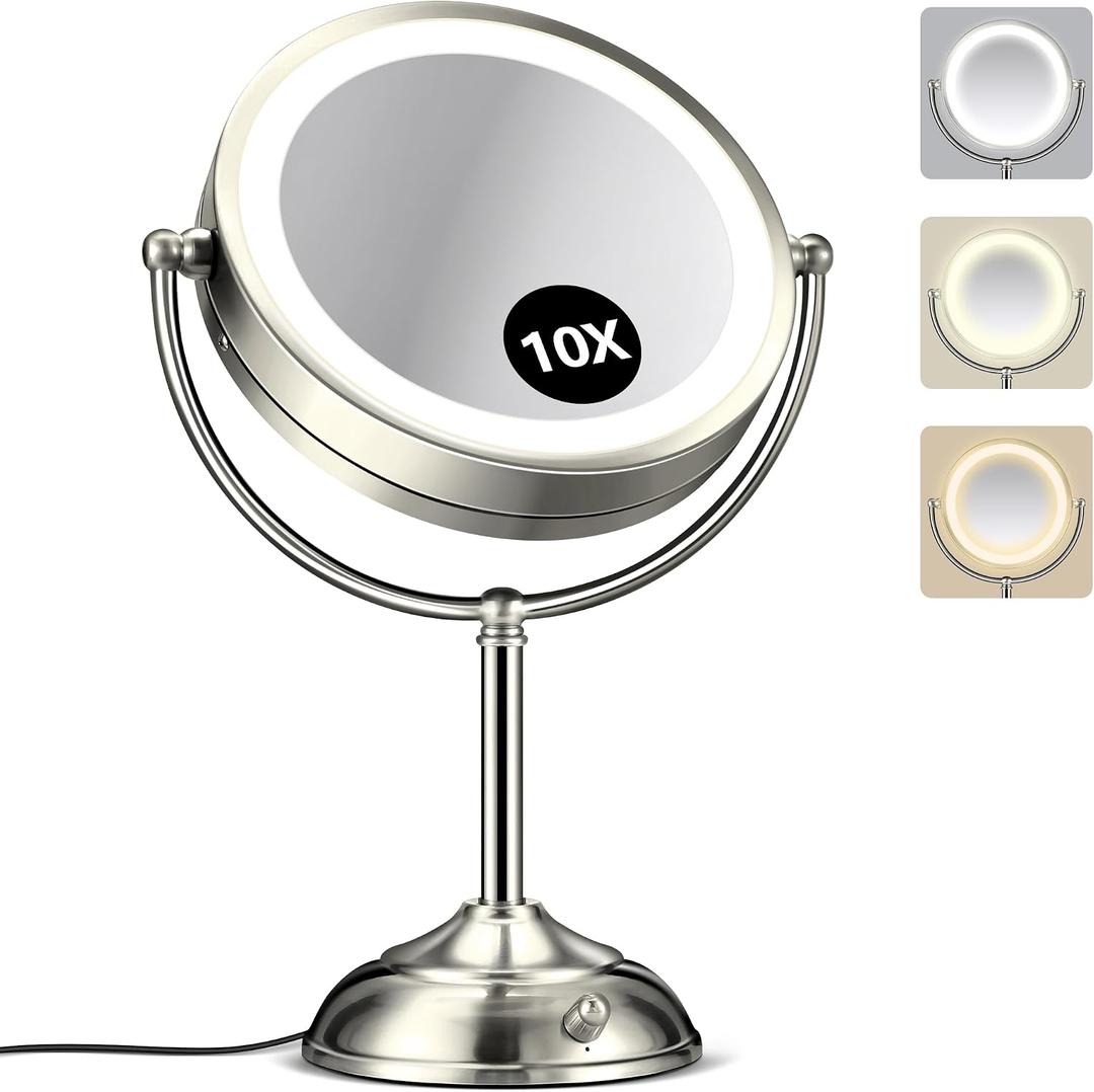 10X Magnifying Mirror with Light, Rechargeable 9" Lighted makeup mirror with magnification, 3 Color Modes, Adjustable Brightness, No Assembly Required, 360 Rotation Cosmetic Mirror, Pearl Nickel