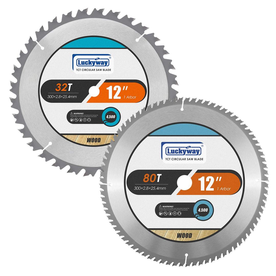 Luckyway 12 Inch Miter Saw Blades 32T General Purpose & 80T Fine Finish with 1 Inch Arbor TCT (Tungsten Carbide Tipped) Saw Blade for Cutting Wood 2-Pack