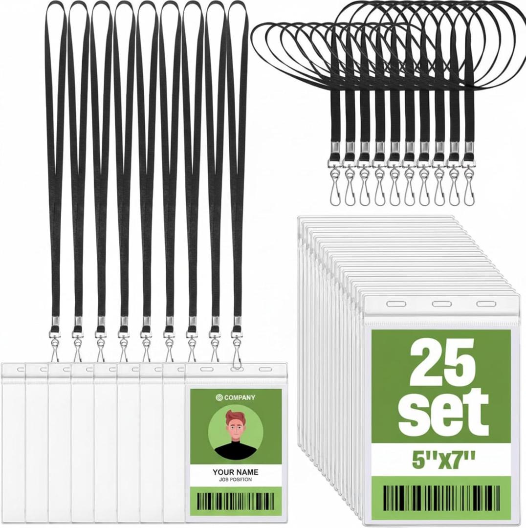 Patelai 25 Pack 5 x 7 Inch Extra Large Badge Credential Holders with 20 in Black Lanyard Vertical Name ID Badge PVC Card Holder ID Protector Sleeves Lanyard Pouch for Office Passport Tickets Events