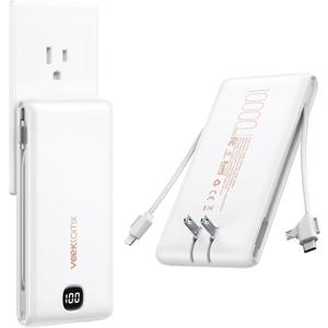VEEKTOMX Portable Charger with Built in Cables 10000mAh, Power Bank for iPhone with Wall Plug, Travel Essential Fast Charging USB C Slim External Battery Pack for iPhone16/15/14, Samsung, iPad, etc (White)
