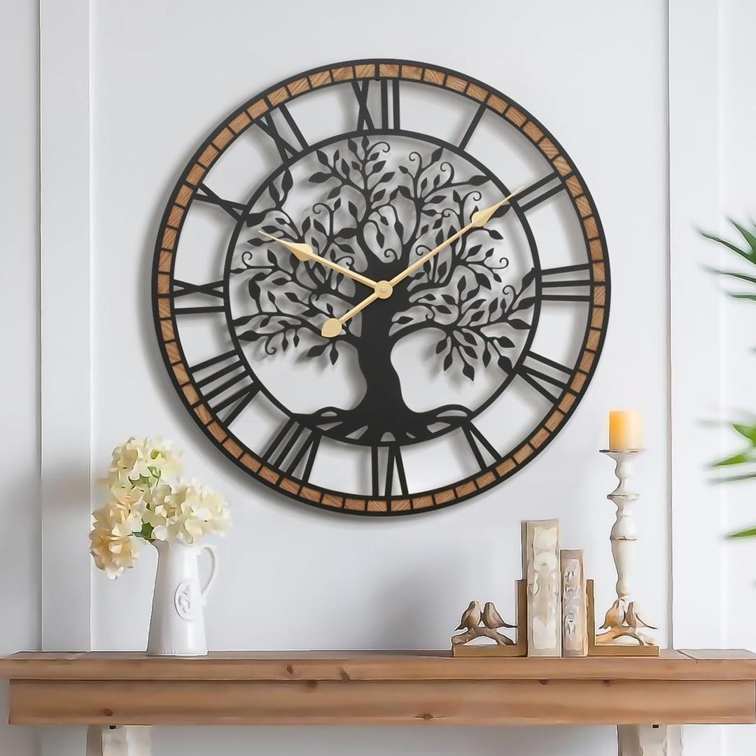 Micasso 24 in Large Tree of Life Wall Clock, Metal Black Modern Wall Clock with Solid Wood Frame, Oversized Non-Ticking Battery Operated Silent Clock for Office,Living Room,Kitchen. (24*24 Inch)