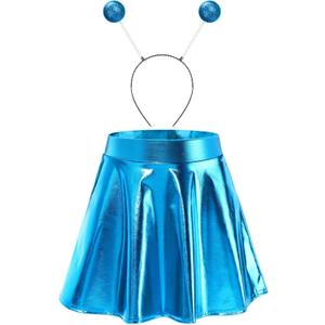 Sintege Halloween Alien Headband and Metallic Flared Pleated Skater Skirt for Costumes Supplies (Blue) Large
