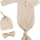 Newborn Baby Knotted Gown, Super Soft Silky Infant Long Sleeve Sleeper with Tie Bottom, Baby Girl and Boy Sleep Gown