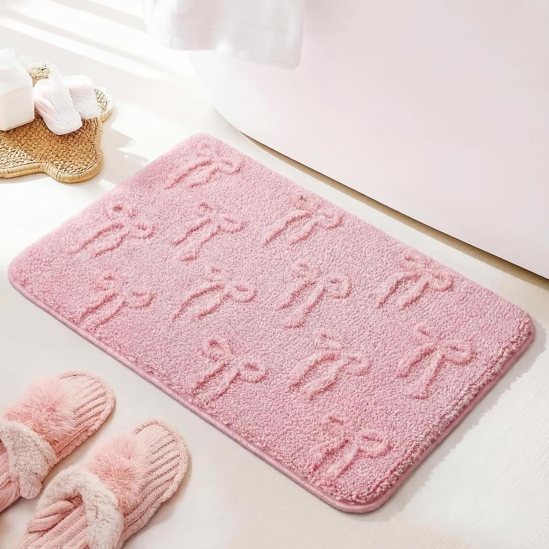 Lyrow Bow Bath Mat for Bathroom, 20"x32" Cute Preppy 3D Bow Rugs Extra Soft and Absorbent Microfiber Bath Rug, Non-Slip TPR Back, Washable Plush Shaggy Rugs for Floor Shower Bedroom Sink(Pink)