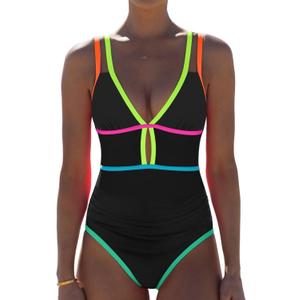 popvil Women One Piece Swimsuit 2025 Tummy Control Sexy Cutout Neon Color Block Bathing Suit Deep V Neck Adjustable Swimwear, Black Medium