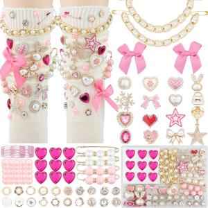 DoDoBeads 87 Pcs Junk Socks Charms Kit, Gold and Pink Charms for Socks, Brooches and Pins for Women, ShoeCharms with Bows, Sneakers DIY Kit with Pearls Rhinestones Chains