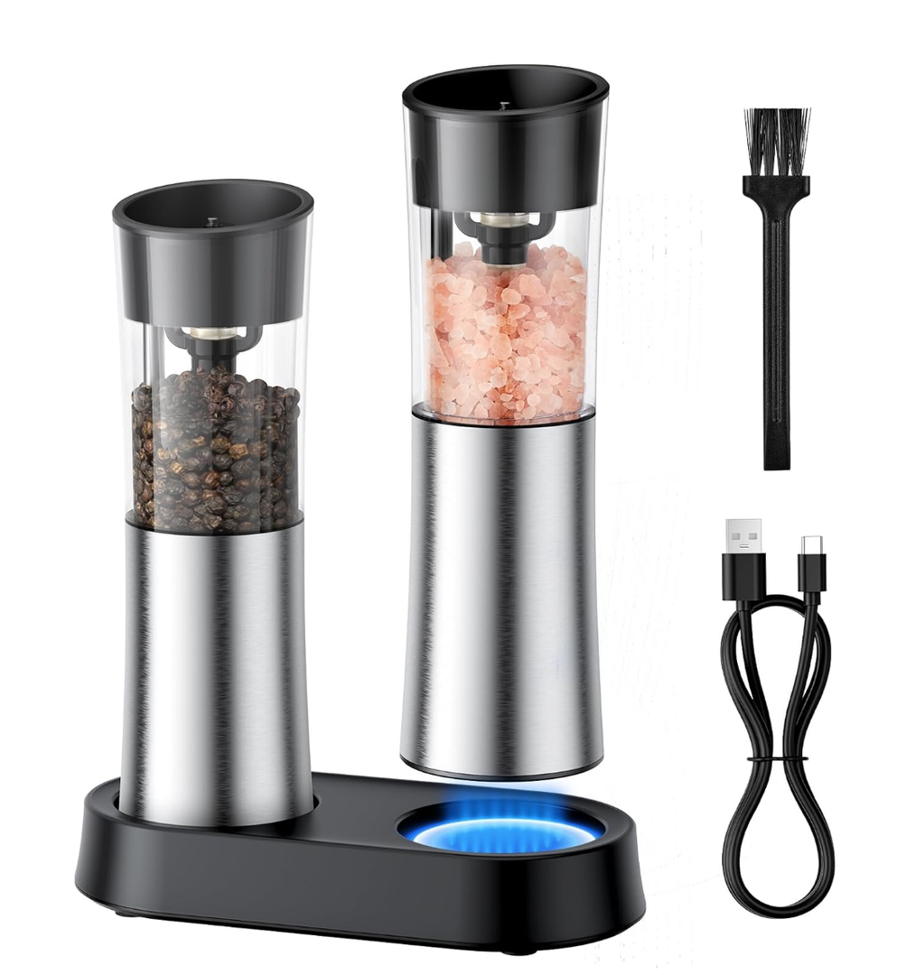 Electric Salt and Pepper Grinder Set — Gravity Rechargeable Salt Pepper Grinder with Charging Base and LED Light, Adjustable Coarseness, Large Capacity, One-handed Operation Salt Pepper Mills