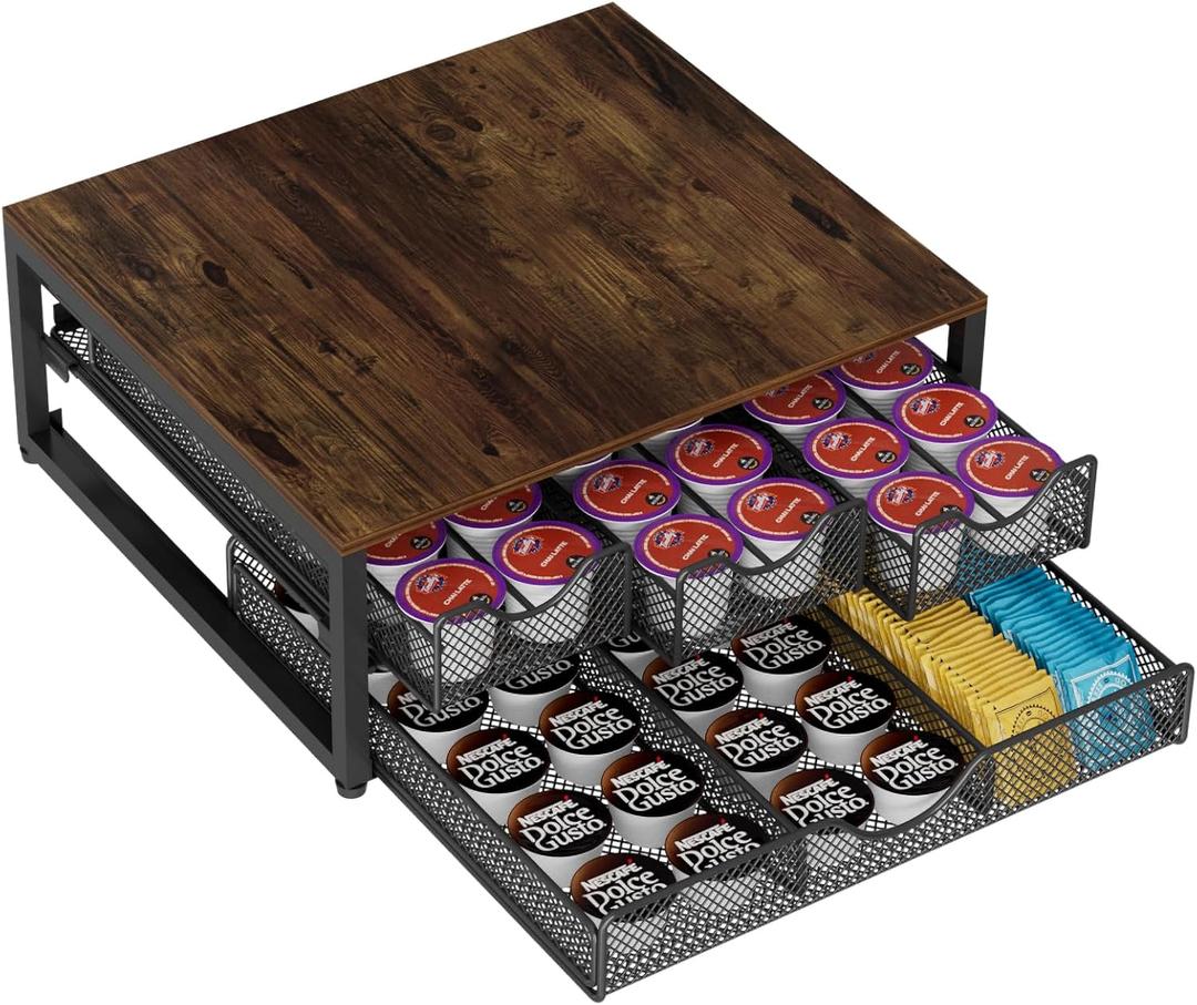 Coffee Pod Holder For Counter, 3 Pull-Out 72 K-Cup Holder Drawer, Wooden Cafe Pods Storage Organizer with Sliding Drawers for Coffee Station, Home, Kitchen, Office, Dorm (Antique Finish)