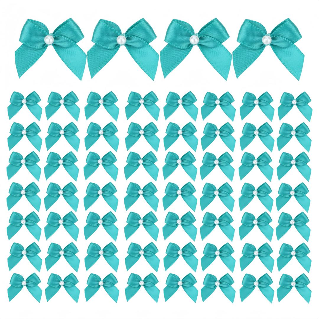 Meseey 60pcs Mini Satin Ribbon Bows with Pearl Ribbon Flowers Appliques DIY Craft for Sewing, Scrapbooking, Wedding, Gift,Christmas Decoration(Teal)