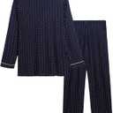 Joyaria Womens Bamboo Viscose Pajama Sets Long Sleeve Button Down Cooling Sleepwear Soft Comfortable Pj Pants Set for Women (Medium, Long-navy Polka Dot)