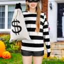 QZYL Kids Robber Cosplay Set, Black and White Striped Shirt Beanie Cap Bag Mask Socks Set for Halloween Cosplay Burglar (Small)