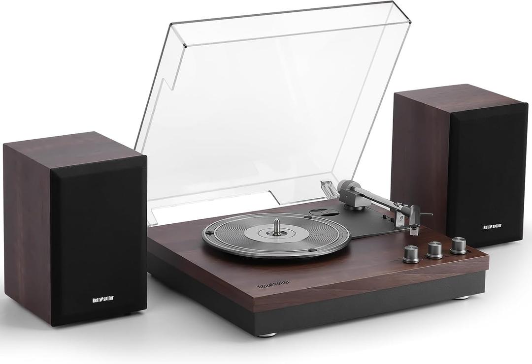 Record Player, 3 Speed Turntable with Two 15W External Speakers, Bluetooth Input, Aux-in, USB Playback& LP-MP3 Recording, Vintage Vinyl Player, Dark Brown Wood