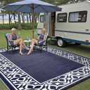 PureCozy Outdoor Plastic Straw Rug Navy Blue Large Outside Waterproof Outdoor Patio 9x12 Carpet Geometric Reversible Mat Modern for Camping RV Porch Deck Balcony Beach