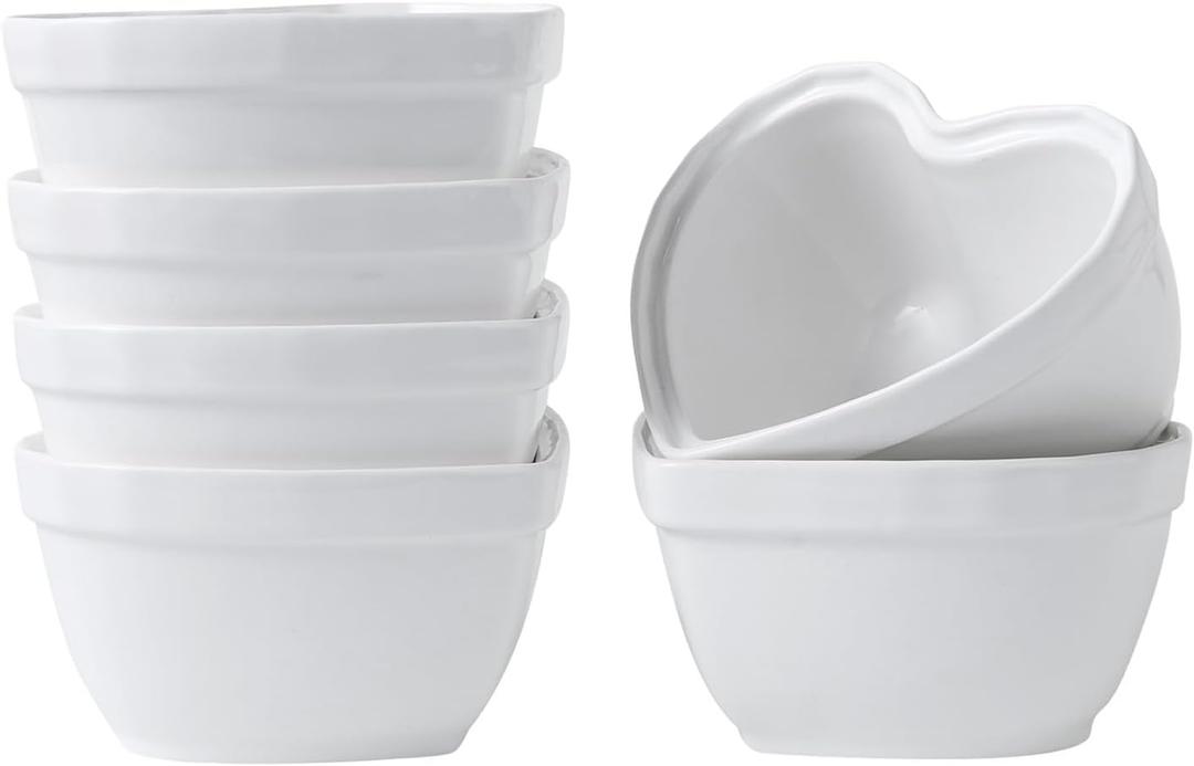 6PCS 8OZ Heart Shape Ramekins Ceramic Bowls, Ceramic Ramekins for Souffle, Dessert, Snacks, Brulee, Sauces, Modern Design Dishes Gift, Kitchen Supplies for Oven & Dishwasher Safe (White)