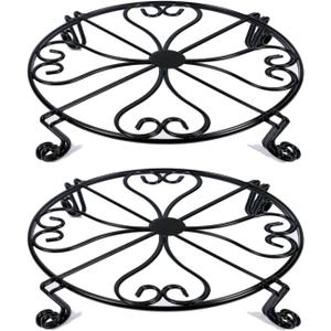 NSYOOMH 2 pack 10" 12" Rustproof Black Metal Plant Stands Heavy Duty Plants Holder Outdoor Indoor, Round Wrought Iron Sturdy Flower Planter Pot Stand, Corner Gardening Inside Potted Plant Risers - 10Inches