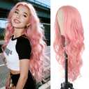 BrittyHair Pink Long Wavy Wig for White Women 26 Inch Middle Part Curly Wig Natural Looking Heat-resistant synthetic fiber wigs for Daily Wear Cosplay and Halloween