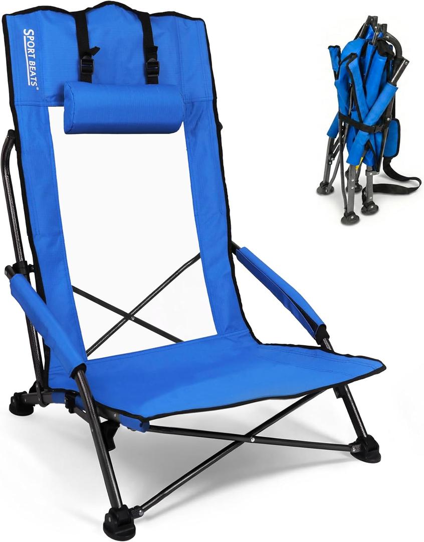 Beach Chairs for Adults Blue 1 Pack | High Back, Low Profile, 22.5'' Wide, Headrest, Breathable Mesh, Portable, Outdoor, Beach, Concert