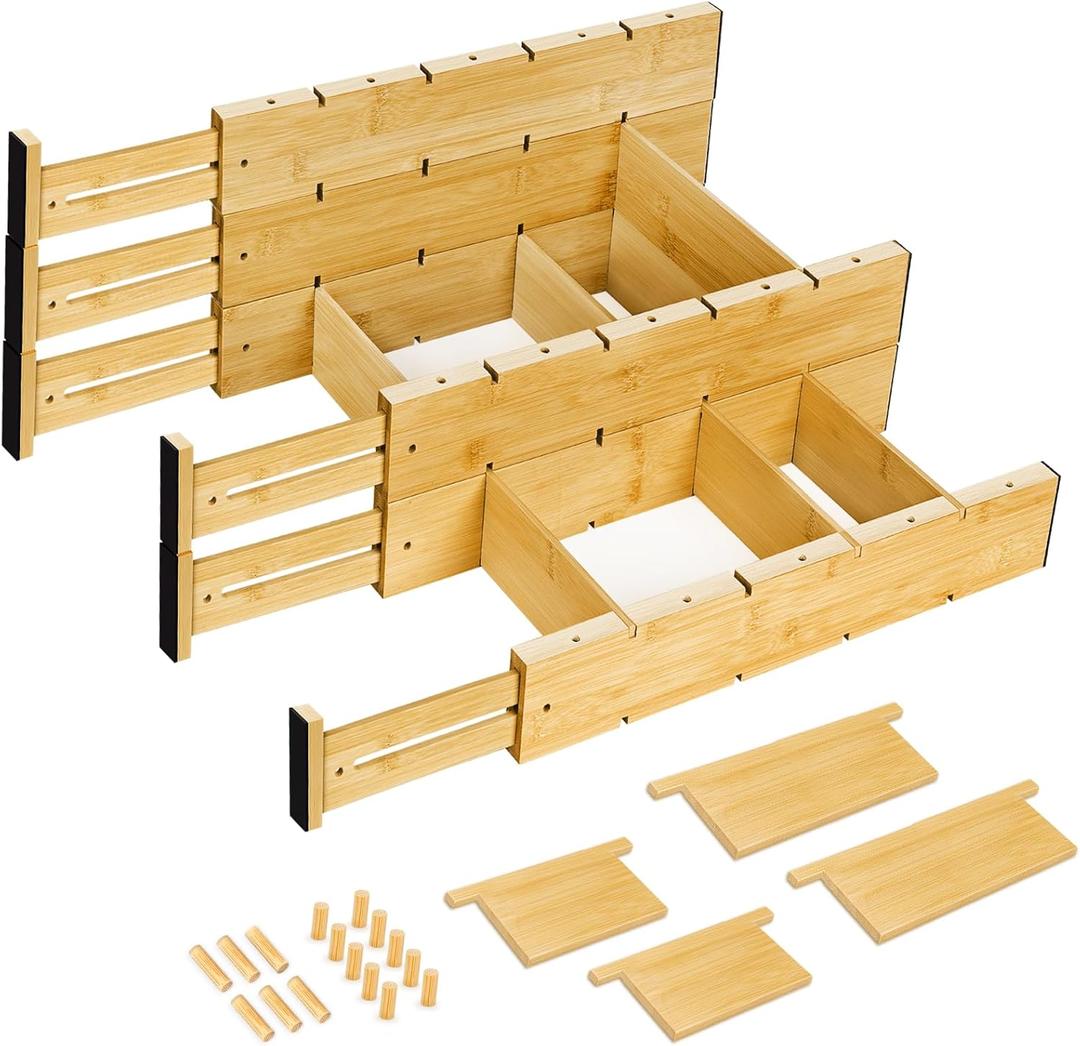 6PCS Bamboo Drawer Dividers with Inserts, Expandable Kitchen Utensil Drawer Organizers,Adjustable drawer organizer for deep drawers Dresser Closet Underwear Storage Bedroom Bathroom Drawers(16.6"-22")