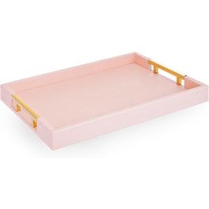 Modern Elegant 18"x12" Rectangle Baby Pink Tray Glossy Shagreen Faux Leather Decorative Ottoman Coffee Table Perfume Dresser Kitchen Serving Tray with Gold Polished Metal Handles.