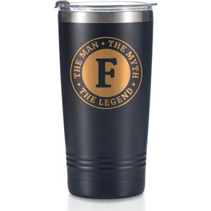 the Man the Myth the Legend Mug with Initials, Monogrammed Stainless Steel Travel Tumbler for Men, Funny Personalized Coffee Cup, Custom Beer Glass, Unique Birthday Christmas Gifts for Him, 20 oz, F