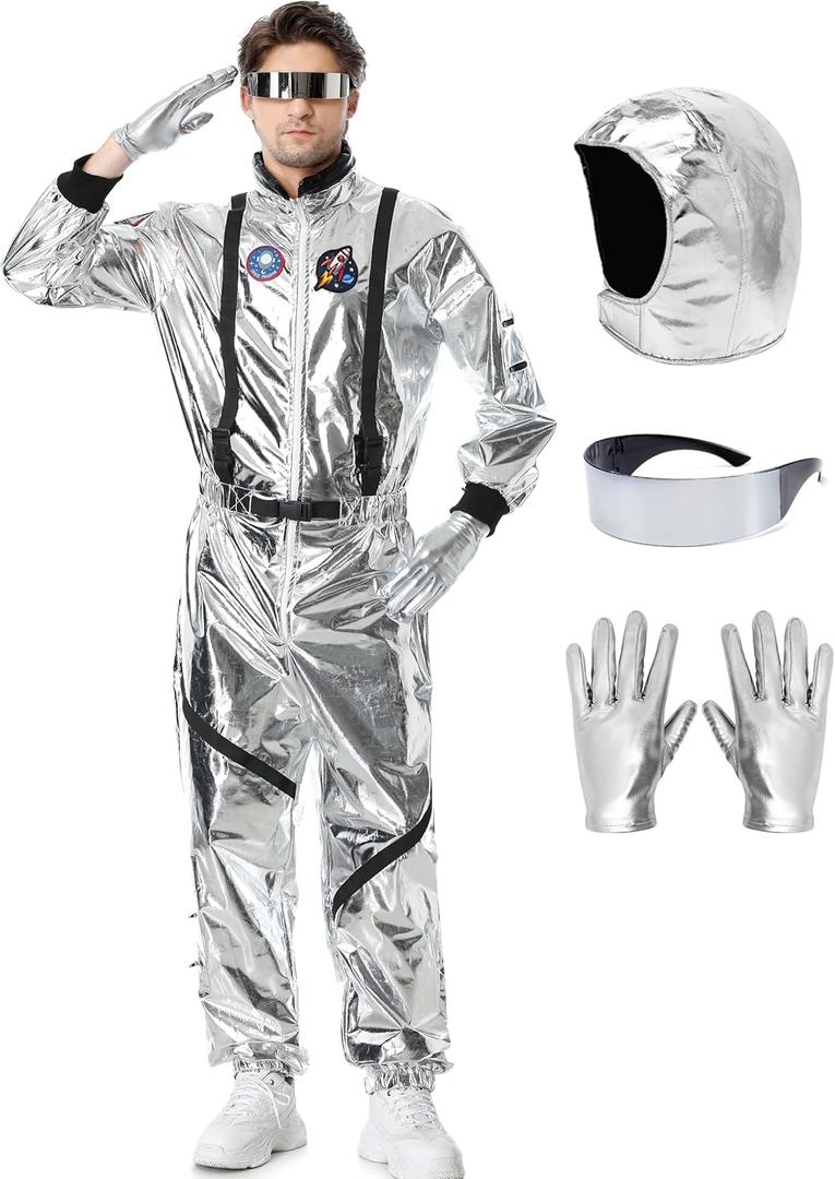 Astronaut Costume Adult Silver Spaceman Suit for Men Women Halloween Pretend Role Play