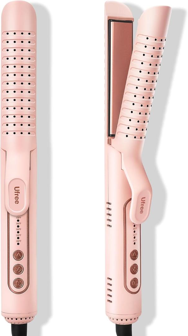 Ufree Airflow Curling Iron, 360 Cool 2 in 1 Flat Iron Hair Straightener & Curler for Lasting Curls, 1.25 Inch Curling Wand, 5 Temps for Long & Short Hair, Women Gifts, Anti-Scald