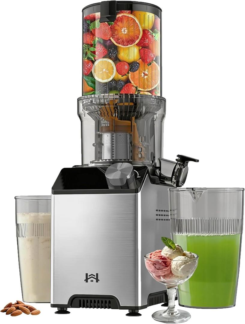 Cold Press Juicer, Wide Feed Chute Juicer Machines, Stainless Steel Slow Masticating Juicers Easy to Clean, Vegetables & Fruits Juice Extractor, High Juice Yield, Gray Knob