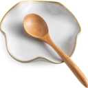 Miamolo Spoon Rest for Stove Top, Spoon Holder for Stove, 5.3In Ceramic Spoon Rest for Kitchen Counter, Coffee Spoon Holder with Ruffled Edge, Farmhouse Spatula Holder for Kitchen Decor, Beige