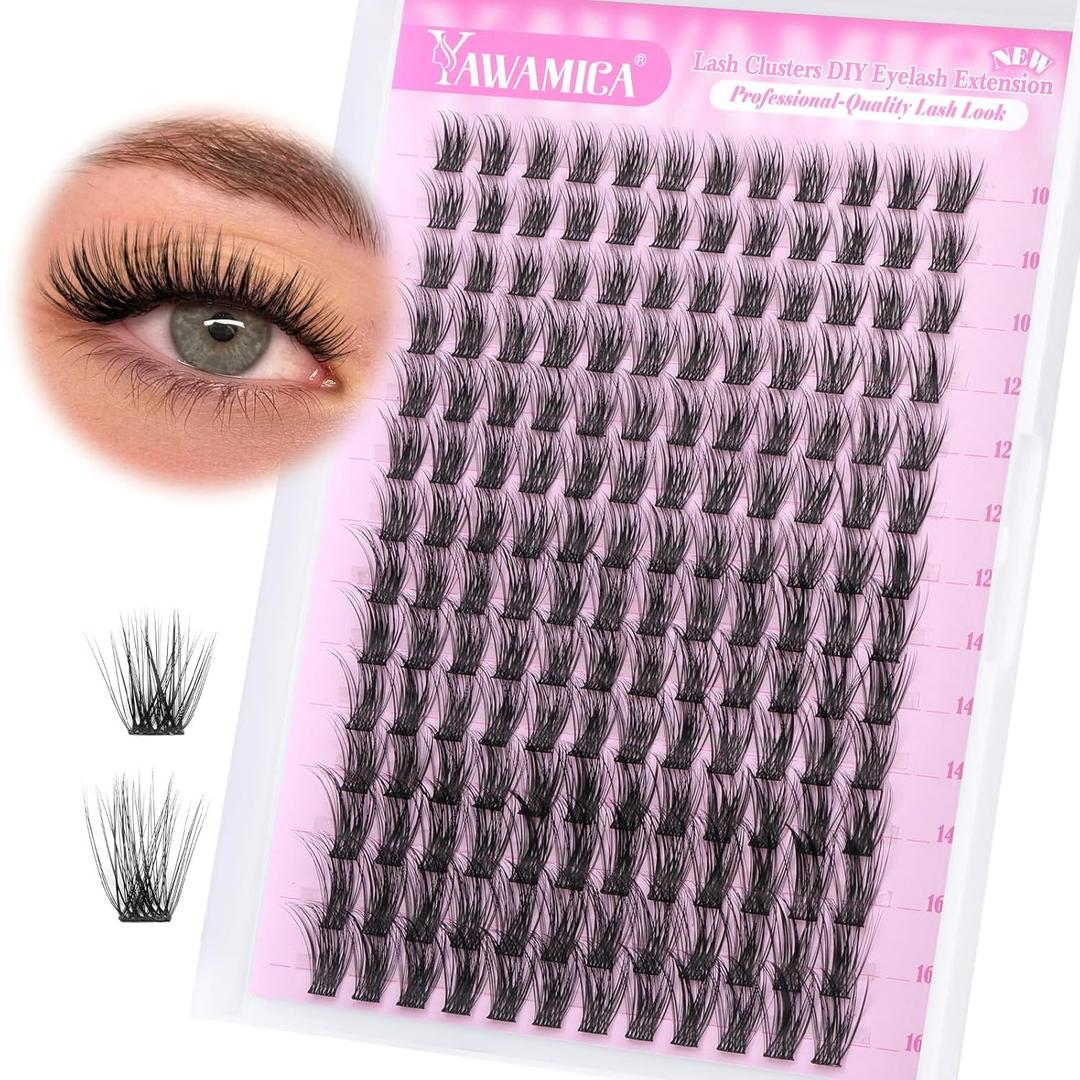 Yawamica Natural Lash Clusters DIY Cluster Eyelash Extensions 10-16mm Wispy Eyelash Clusters C Curly Individual Lashes 168 pcs Soft Cluster Lashes with Thin Lash Band DIY Lash for Self Application