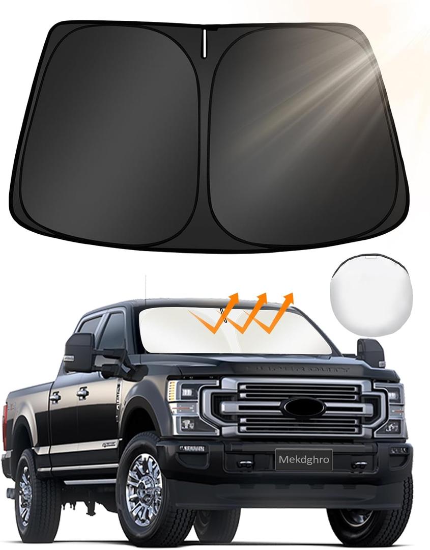 Custom Fit Windshield Sun Shade for Ford Super Duty F250 F350 F450 F550 2017-2022, Foldable, Easy to Install & Store, Full Coverage, 210T Reflective Fabric, Blocks 99% of UV Rays